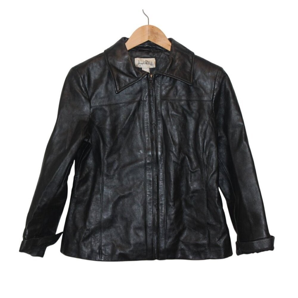 Joseph Ribkoff Black Leather Minimalist Jacket Women size 10 Old Money